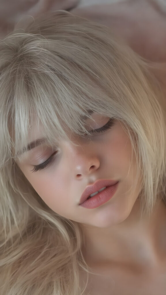 ((extremely cute)) ((attractive)) a (((long, straight, thick, untucked natural white platinum blonde hair with roots which are pale and fluffy, flowing gently down to her waist and softly curling into a delicate, soft glow))), she also has (full, thick, natural lips), that are painted in (soft, pastel) hues, which are just barely parted. She's (sleeping) on her back, with her head turned slightly to meet the camera's eye, as the teen girl falls into a deep slumber, her eyelashes fluttering gently, as if caught in a (moment of repose). The scene is (dimly lit) by soft, pastel hues, evoking a sense of (comfortable, peacefulness)