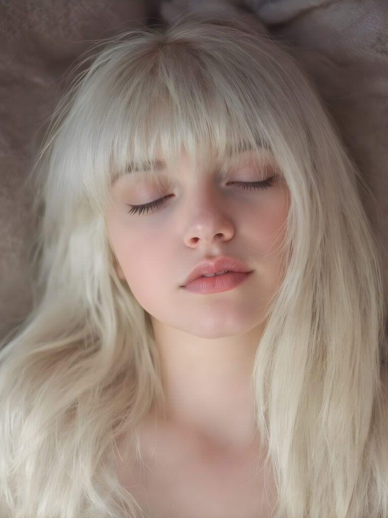 ((extremely cute)) ((attractive)) a (((long, straight, thick, untucked natural white platinum blonde hair with roots which are pale and fluffy, flowing gently down to her waist and softly curling into a delicate, soft glow, bangs cut))), she also has (full, thick, natural lips), that are painted in (soft, pastel) hues, which are just barely parted. She's (sleeping) on her back, with her head turned slightly to meet the camera's eye, as the teen girl falls into a deep slumber, her eyelashes fluttering gently, as if caught in a (moment of repose). The scene is (dimly lit) by soft, pastel hues, evoking a sense of (comfortable, peacefulness)