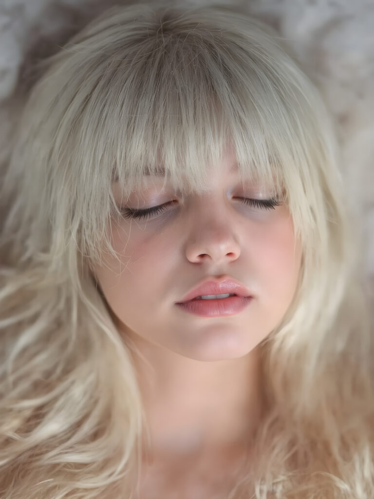 ((extremely cute)) ((attractive)) a (((long, straight, thick, untucked natural white platinum blonde hair with roots which are pale and fluffy, flowing gently down to her waist and softly curling into a delicate, soft glow, bangs cut))), she also has (full, thick, natural lips), that are painted in (soft, pastel) hues, which are just barely parted. She's (sleeping) on her back, with her head turned slightly to meet the camera's eye, as the teen girl falls into a deep slumber, her eyelashes fluttering gently, as if caught in a (moment of repose). The scene is (dimly lit) by soft, pastel hues, evoking a sense of (comfortable, peacefulness)
