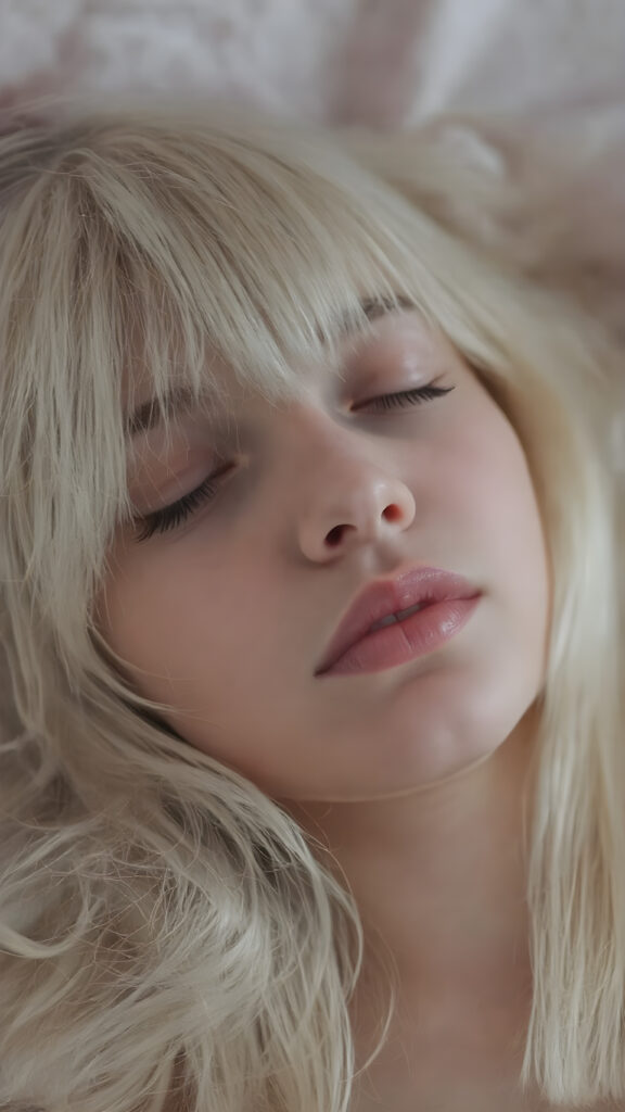 ((extremely cute)) ((attractive)) a (((long, straight, thick, untucked natural white platinum blonde hair with roots which are pale and fluffy, flowing gently down to her waist and softly curling into a delicate, soft glow))), she also has (full, thick, natural lips), that are painted in (soft, pastel) hues, which are just barely parted. She's (sleeping) on her back, with her head turned slightly to meet the camera's eye, as the teen girl falls into a deep slumber, her eyelashes fluttering gently, as if caught in a (moment of repose). The scene is (dimly lit) by soft, pastel hues, evoking a sense of (comfortable, peacefulness)