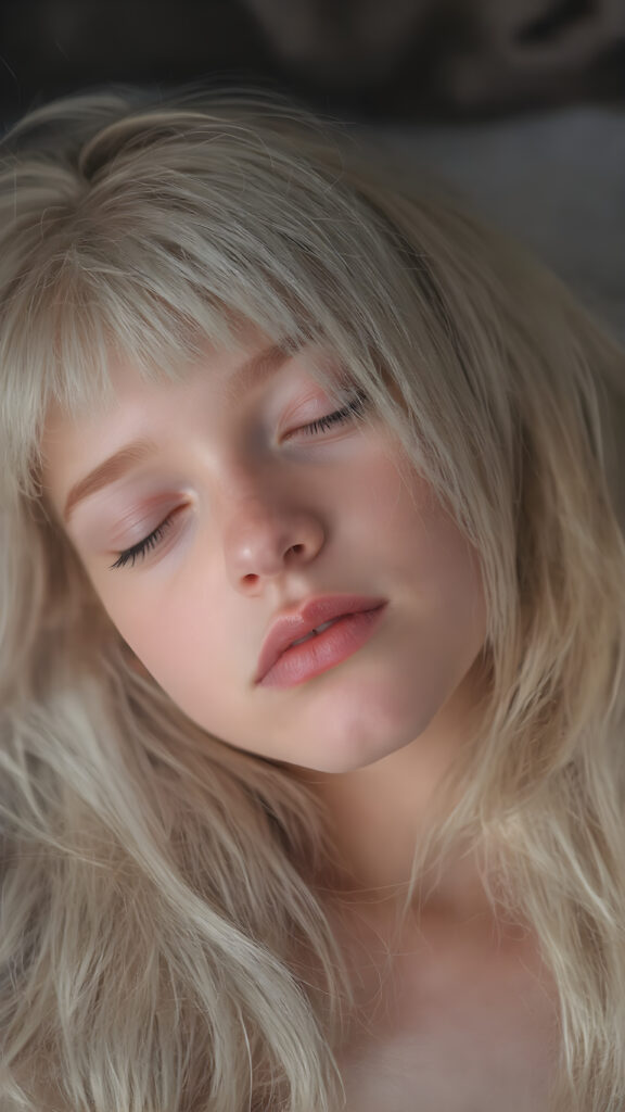 ((extremely cute)) ((attractive)) a (((long, straight, thick, untucked natural white platinum blonde hair with roots which are pale and fluffy, flowing gently down to her waist and softly curling into a delicate, soft glow))), she also has (full, thick, natural lips), that are painted in (soft, pastel) hues, which are just barely parted. She's (sleeping) on her back, with her head turned slightly to meet the camera's eye, as the teen girl falls into a deep slumber, her eyelashes fluttering gently, as if caught in a (moment of repose). The scene is (dimly lit) by soft, pastel hues, evoking a sense of (comfortable, peacefulness)