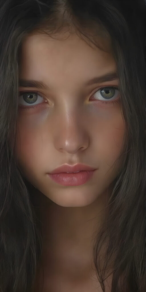 ((extremely detailed)) ((ultra realistic)) ((full body)) painting of a (((beautiful young girl))) with luxurious ((long)) smooth ((black)) hair, (intricate details around her eyes) and (full lips) that are (lightly parted). The scene is (softly backlit) with a (front fill light) that creates a (dreamy, enchanting atmosphere) reminiscent of a (Renaissance/Baroque masterpiece)