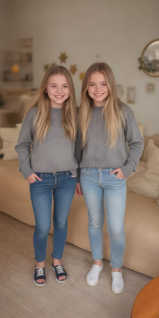 ((full body)) (((very cute))) (((gorgeous twins))) with flowing, very long, blond straight hair and ((smiling)) into the camera, wearing casual, comfy clothes, ((perfect anatomy)), in a cozy, warm living room. The room is (extremely clean and well-kept) with a modern color palette of (blue, white, and beige) that complements the soft lighting. The girls are ((lively and joyful)) in a playful yet sophisticated (young teen) portrait setting. Their outfits have ((pretty details)), like the classic sweater and jeans combo that exudes sophistication at a casual dining spot. They're (posing for photos) amidst a cozy living room, with their perfect bodies and faces getting full exposure. The scene feels straight out of a high-resolution, UHD image, capturing (two beautiful girls) who are (fashionably dressed) against a backdrop of a (super comfy living room).