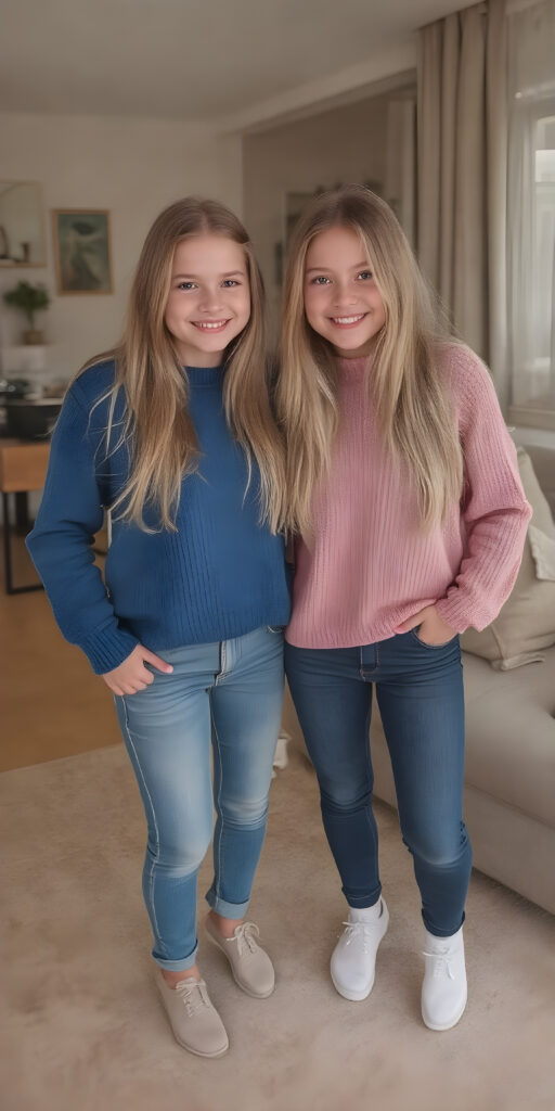((full body)) (((very cute))) (((gorgeous twins))) with flowing, very long, blond straight hair and ((smiling)) into the camera, wearing casual, comfy clothes, ((perfect anatomy)), in a cozy, warm living room. The room is (extremely clean and well-kept) with a modern color palette of (blue, white, and beige) that complements the soft lighting. The girls are ((lively and joyful)) in a playful yet sophisticated (young teen) portrait setting. Their outfits have ((pretty details)), like the classic sweater and jeans combo that exudes sophistication at a casual dining spot. They're (posing for photos) amidst a cozy living room, with their perfect bodies and faces getting full exposure. The scene feels straight out of a high-resolution, UHD image, capturing (two beautiful girls) who are (fashionably dressed) against a backdrop of a (super comfy living room).