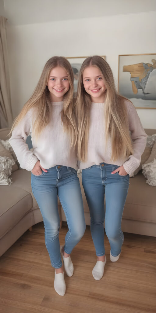 ((full body)) (((very cute))) (((gorgeous twins))) with flowing, very long, blond straight hair and ((smiling)) into the camera, wearing casual, comfy clothes, ((perfect anatomy)), in a cozy, warm living room. The room is (extremely clean and well-kept) with a modern color palette of (blue, white, and beige) that complements the soft lighting. The girls are ((lively and joyful)) in a playful yet sophisticated (young teen) portrait setting. Their outfits have ((pretty details)), like the classic sweater and jeans combo that exudes sophistication at a casual dining spot. They're (posing for photos) amidst a cozy living room, with their perfect bodies and faces getting full exposure. The scene feels straight out of a high-resolution, UHD image, capturing (two beautiful girls) who are (fashionably dressed) against a backdrop of a (super comfy living room).