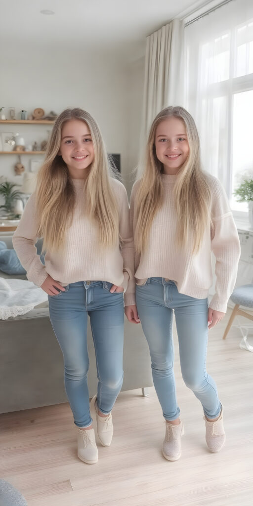 ((full body)) (((very cute))) (((gorgeous twins))) with flowing, very long, blond straight hair and ((smiling)) into the camera, wearing casual, comfy clothes, ((perfect anatomy)), in a cozy, warm living room. The room is (extremely clean and well-kept) with a modern color palette of (blue, white, and beige) that complements the soft lighting. The girls are ((lively and joyful)) in a playful yet sophisticated (young teen) portrait setting. Their outfits have ((pretty details)), like the classic sweater and jeans combo that exudes sophistication at a casual dining spot. They're (posing for photos) amidst a cozy living room, with their perfect bodies and faces getting full exposure. The scene feels straight out of a high-resolution, UHD image, capturing (two beautiful girls) who are (fashionably dressed) against a backdrop of a (super comfy living room).
