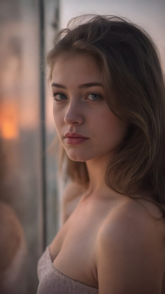 full body, a (((very cute well-busty teen girl), with a round, full kissable mouth, and a sleek, sexy, yet playful expression, poised in a (((cute, side-view position))), looking out at a (softly glowing dusk sunset) that casts an ethereal glow across her face; she's in a (highly detailed, ultra realistic, 8K, UHD image) that exudes the essence of a (cinematic romantic drama)