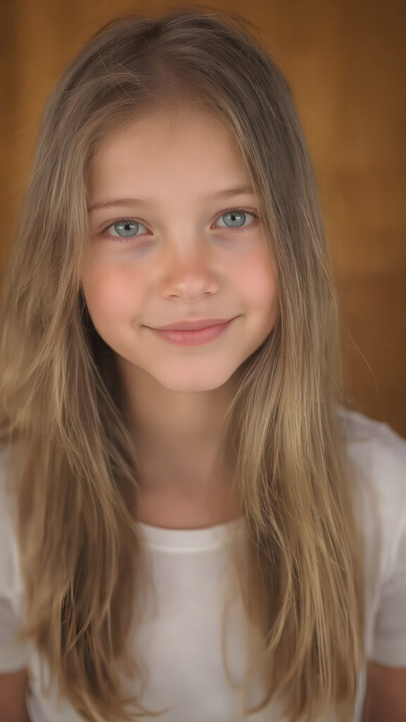 full body, a (((cinematic light scenario))), where a (((beautiful young girl))) with long, flowing (((straight golden soft hair))), flawless ((porcelain skin)), and (((plump lips))), is posed against a (((warmly lit backdrop))) She's dressed in a (((thin and translucent white t-shirt)), exuding a playful smile that perfectly complements her youthful features