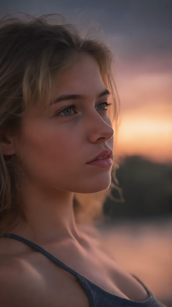 full body, a (((very cute well-busty teen girl), with a round, full kissable mouth, and a sleek, sexy, yet playful expression, poised in a (((cute, side-view position))), looking out at a (softly glowing dusk sunset) that casts an ethereal glow across her face; she's in a (highly detailed, ultra realistic, 8K, UHD image) that exudes the essence of a (cinematic romantic drama)