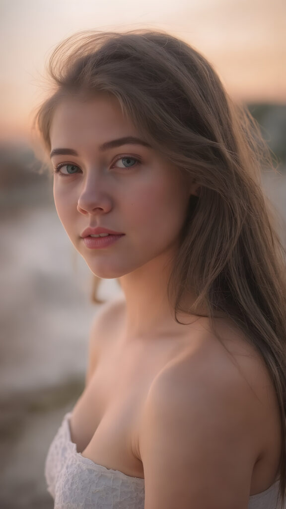 full body, a (((very cute well-busty teen girl), with a round, full kissable mouth, and a sleek, sexy, yet playful expression, poised in a (((cute, side-view position))), looking out at a (softly glowing dusk sunset) that casts an ethereal glow across her face; she's in a (highly detailed, ultra realistic, 8K, UHD image) that exudes the essence of a (cinematic romantic drama)