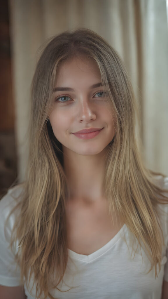 full body, a (((cinematic light scenario))), where a (((beautiful young adult woman))) with long, flowing (((straight golden soft hair))), flawless ((porcelain skin)), and (((plump lips))), is posed against a (((warmly lit backdrop))) She's dressed in a (((thin and translucent white t-shirt)), exuding a playful smile that perfectly complements her youthful features, ((her hair has left and right the same length))