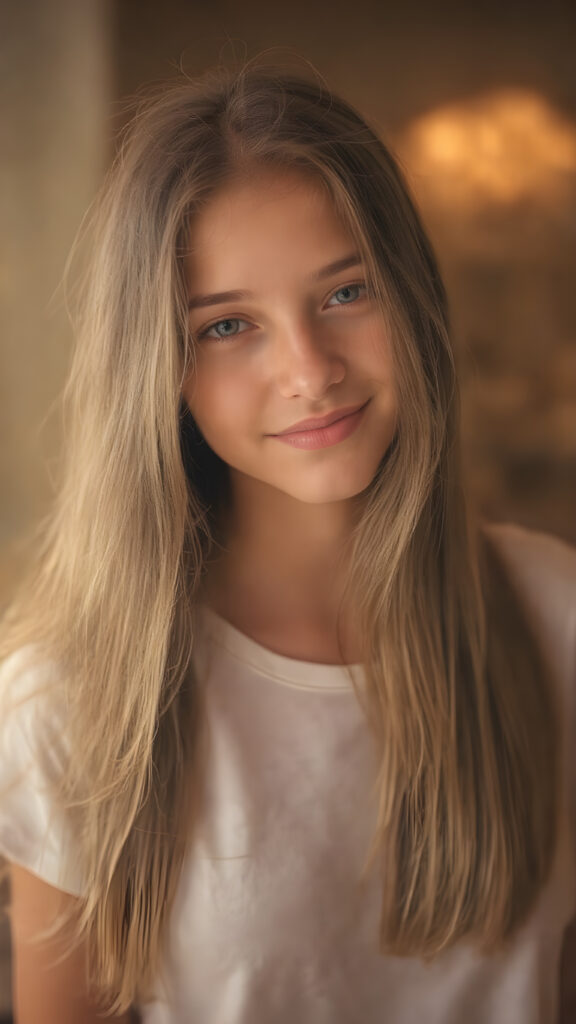 full body, a (((cinematic light scenario))), where a (((beautiful young adult girl))) with long, flowing (((straight golden soft hair))), flawless ((porcelain skin)), and (((plump lips))), is posed against a (((warmly lit backdrop))) She's dressed in a (((thin and translucent white t-shirt)), exuding a playful smile that perfectly complements her youthful features, ((her hair has left and right the same length))