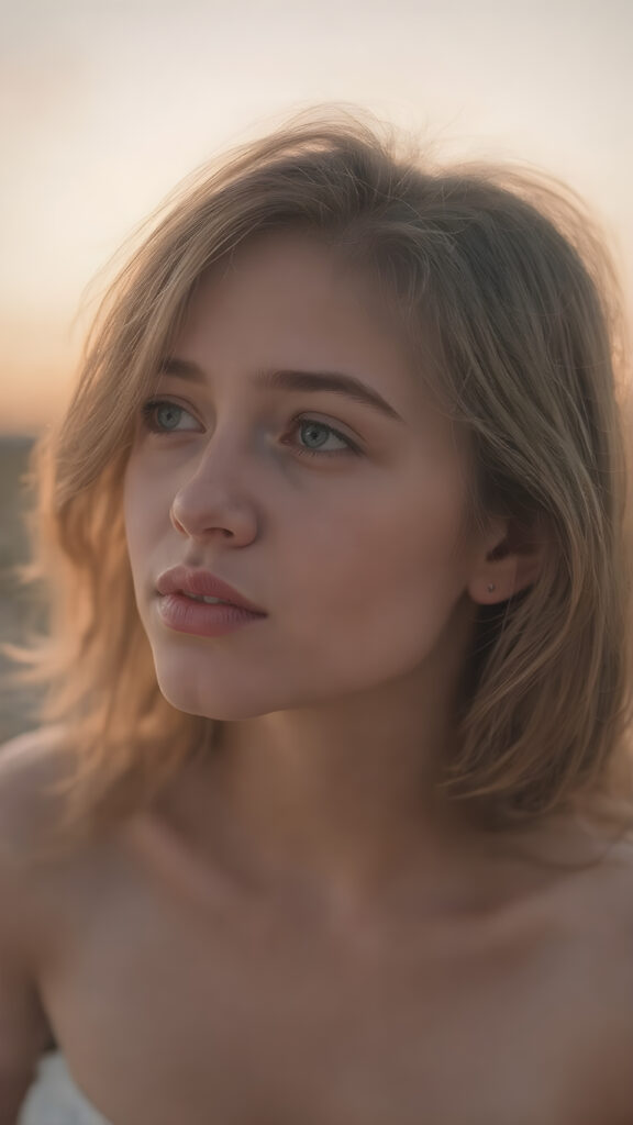full body, a (((very cute well-busty teen girl), with a round, full kissable mouth, and a sleek, sexy, yet playful expression, poised in a (((cute, side-view position))), looking out at a (softly glowing dusk sunset) that casts an ethereal glow across her face; she's in a (highly detailed, ultra realistic, 8K, UHD image) that exudes the essence of a (cinematic romantic drama)