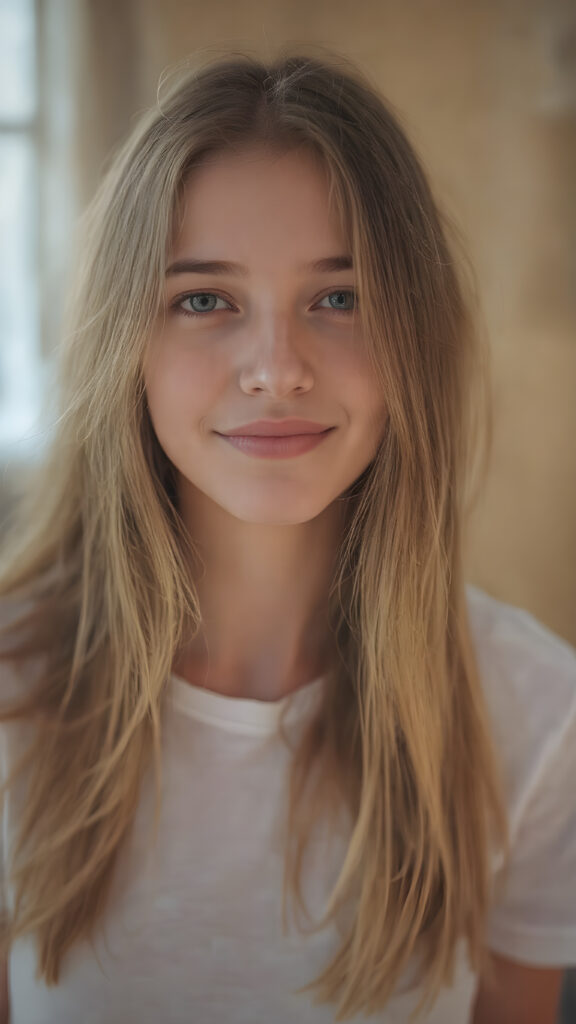 full body, a (((cinematic light scenario))), where a (((beautiful young adult woman))) with long, flowing (((straight golden soft hair))), flawless ((porcelain skin)), and (((plump lips))), is posed against a (((warmly lit backdrop))) She's dressed in a (((thin and translucent white t-shirt)), exuding a playful smile that perfectly complements her youthful features, ((her hair has left and right the same length))