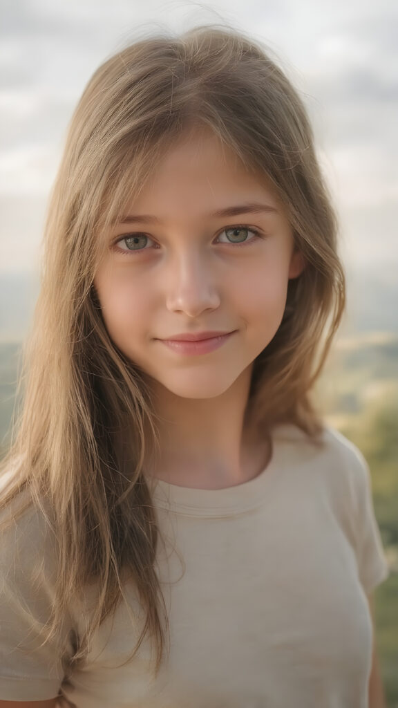 full body - a beautiful young cute girl, with an enigmatic smile, copper jet long hair, with silky smooth skin texture, natural eyes that convey a sense of innocence and curiosity. She wears a natural-toned cotton cropped short T-Shirt which have a perfect, tight-cut shape and convey a sense of natural beauty and comfort, the image captures her from a side view, looking into the camera with a cool expression. Her hair is visible in the foreground, while her natural-toned body is captured in the midground. The background is a beautiful, fantastical landscape, with the light shining on her face and creating cool shadows that give a sense of mystery and comfort.