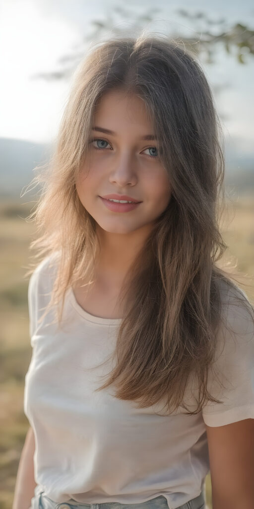 full body - a beautiful young girl, age 18, with an enigmatic smile, Brown jet long hair, with silky smooth skin texture, natural eyes that convey a sense of innocence and curiosity. She wears a slim-fitting, natural-toned cotton T-shirt with intricate embroidery detailing the fabric's texture. The shirt has a high neck and short sleeves. The T-shirt is tucked into her jeans, which have a perfect, tight-cut shape and convey a sense of natural beauty and comfort. The jeans are made of fine silk and show off her perfect legs, The image captures her from a side view, looking into the camera with a cool expression. Her hair is visible in the foreground, while her natural-toned body is captured in the midground. The background is a beautiful, fantastical landscape, with the light shining on her face and creating cool shadows that give a sense of mystery and comfort.