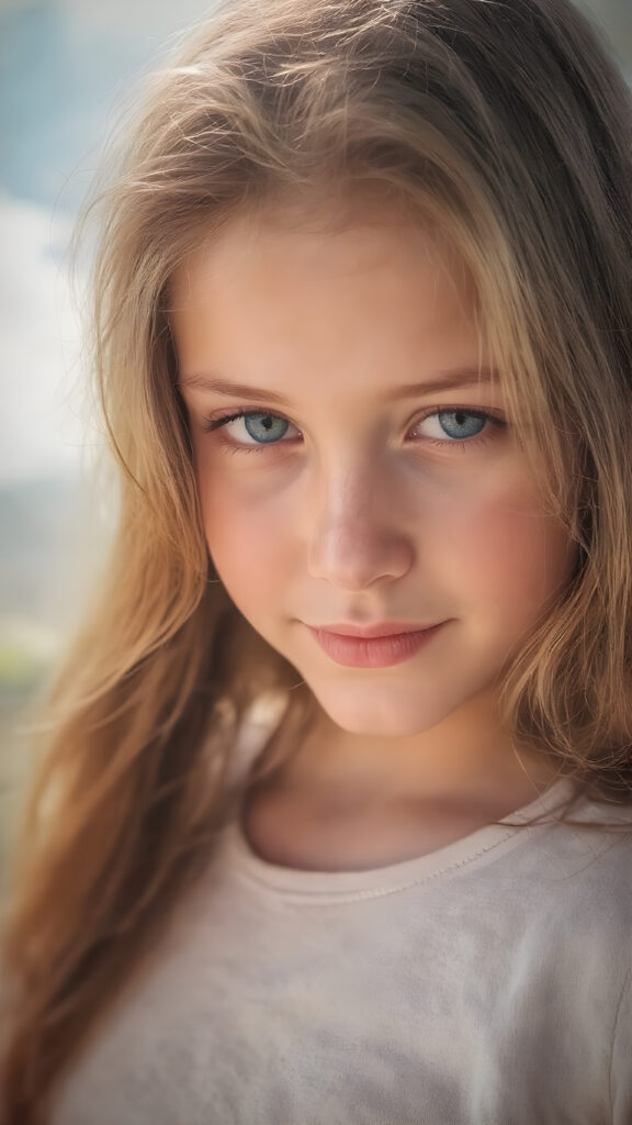 full body - a beautiful young cute girl, with an enigmatic smile, copper jet long hair, with silky smooth skin texture, natural eyes that convey a sense of innocence and curiosity. She wears a natural-toned cotton cropped short T-Shirt which have a perfect, tight-cut shape and convey a sense of natural beauty and comfort, the image captures her from a side view, looking into the camera with a cool expression. Her hair is visible in the foreground, while her natural-toned body is captured in the midground. The background is a beautiful, fantastical landscape, with the light shining on her face and creating cool shadows that give a sense of mystery and comfort.