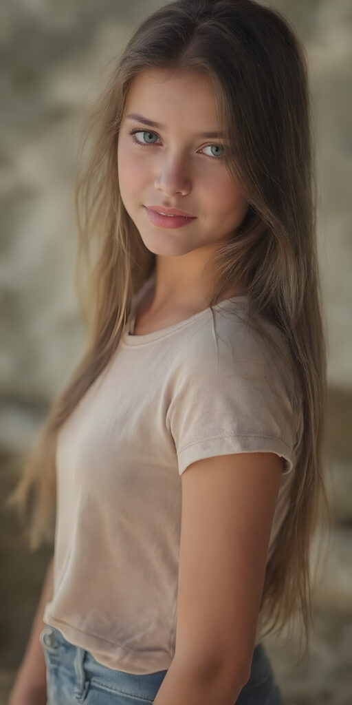 full body - a beautiful young girl, age 18, with an enigmatic smile, Brown jet long hair, with silky smooth skin texture, natural eyes that convey a sense of innocence and curiosity. She wears a slim-fitting, natural-toned cotton T-shirt with intricate embroidery detailing the fabric's texture. The shirt has a high neck and short sleeves. The T-shirt is tucked into her jeans, which have a perfect, tight-cut shape and convey a sense of natural beauty and comfort. The jeans are made of fine silk and show off her perfect legs, The image captures her from a side view, looking into the camera with a cool expression. Her hair is visible in the foreground, while her natural-toned body is captured in the midground. The background is a beautiful, fantastical landscape, with the light shining on her face and creating cool shadows that give a sense of mystery and comfort.
