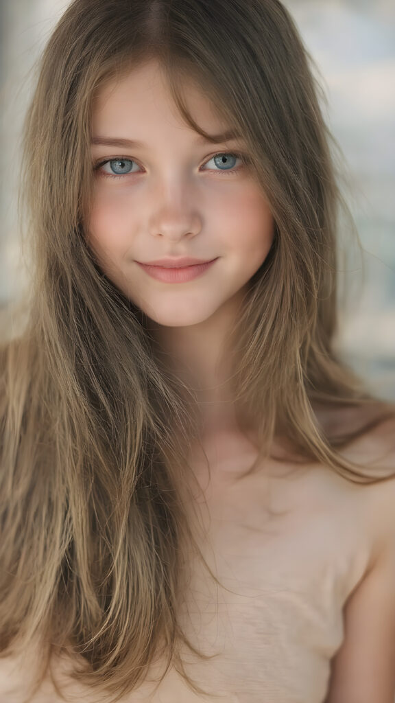 full body - a beautiful young cute girl, with an enigmatic smile, copper jet long hair, with silky smooth skin texture, natural eyes that convey a sense of innocence and curiosity. She wears a natural-toned cotton cropped short T-Shirt which have a perfect, tight-cut shape and convey a sense of natural beauty and comfort, the image captures her from a side view, looking into the camera with a cool expression. Her hair is visible in the foreground, while her natural-toned body is captured in the midground. The background is a beautiful, fantastical landscape, with the light shining on her face and creating cool shadows that give a sense of mystery and comfort.