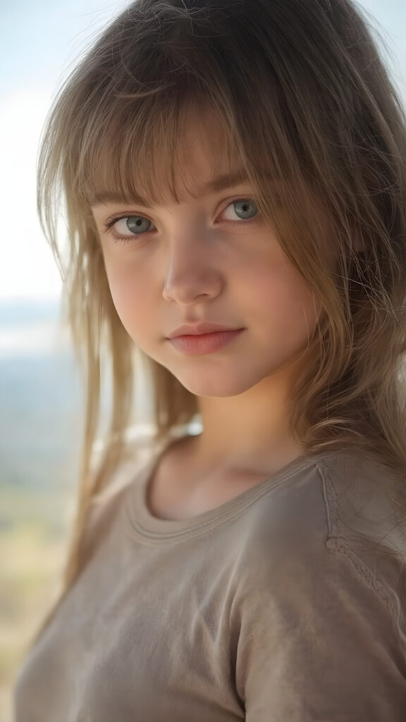 full body - a beautiful young cute girl, with an enigmatic smile, copper jet long hair, with silky smooth skin texture, natural eyes that convey a sense of innocence and curiosity. She wears a natural-toned cotton cropped short T-Shirt which have a perfect, tight-cut shape and convey a sense of natural beauty and comfort, the image captures her from a side view, looking into the camera with a cool expression. Her hair is visible in the foreground, while her natural-toned body is captured in the midground. The background is a beautiful, fantastical landscape, with the light shining on her face and creating cool shadows that give a sense of mystery and comfort.