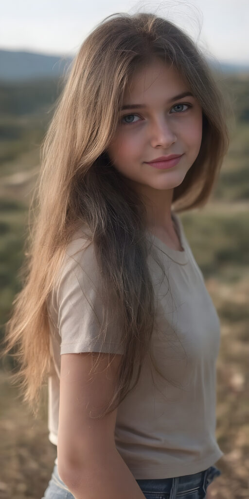 full body - a beautiful young girl, age 18, with an enigmatic smile, Brown jet long hair, with silky smooth skin texture, natural eyes that convey a sense of innocence and curiosity. She wears a slim-fitting, natural-toned cotton T-shirt with intricate embroidery detailing the fabric's texture. The shirt has a high neck and short sleeves. The T-shirt is tucked into her jeans, which have a perfect, tight-cut shape and convey a sense of natural beauty and comfort. The jeans are made of fine silk and show off her perfect legs, The image captures her from a side view, looking into the camera with a cool expression. Her hair is visible in the foreground, while her natural-toned body is captured in the midground. The background is a beautiful, fantastical landscape, with the light shining on her face and creating cool shadows that give a sense of mystery and comfort.