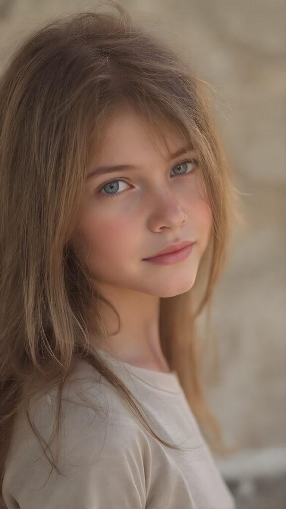 full body - a beautiful young cute girl, with an enigmatic smile, copper jet long hair, with silky smooth skin texture, natural eyes that convey a sense of innocence and curiosity. She wears a natural-toned cotton cropped short T-Shirt which have a perfect, tight-cut shape and convey a sense of natural beauty and comfort, the image captures her from a side view, looking into the camera with a cool expression. Her hair is visible in the foreground, while her natural-toned body is captured in the midground. The background is a beautiful, fantastical landscape, with the light shining on her face and creating cool shadows that give a sense of mystery and comfort.