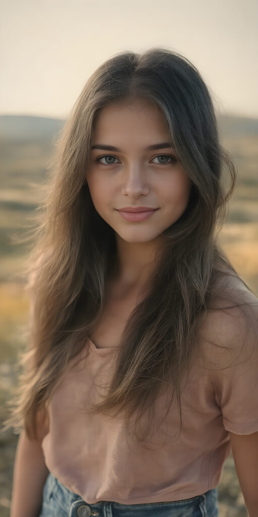 full body - a beautiful young girl, age 18, with an enigmatic smile, Brown jet long hair, with silky smooth skin texture, natural eyes that convey a sense of innocence and curiosity. She wears a slim-fitting, natural-toned cotton T-shirt with intricate embroidery detailing the fabric's texture. The shirt has a high neck and short sleeves. The T-shirt is tucked into her jeans, which have a perfect, tight-cut shape and convey a sense of natural beauty and comfort. The jeans are made of fine silk and show off her perfect legs, The image captures her from a side view, looking into the camera with a cool expression. Her hair is visible in the foreground, while her natural-toned body is captured in the midground. The background is a beautiful, fantastical landscape, with the light shining on her face and creating cool shadows that give a sense of mystery and comfort.