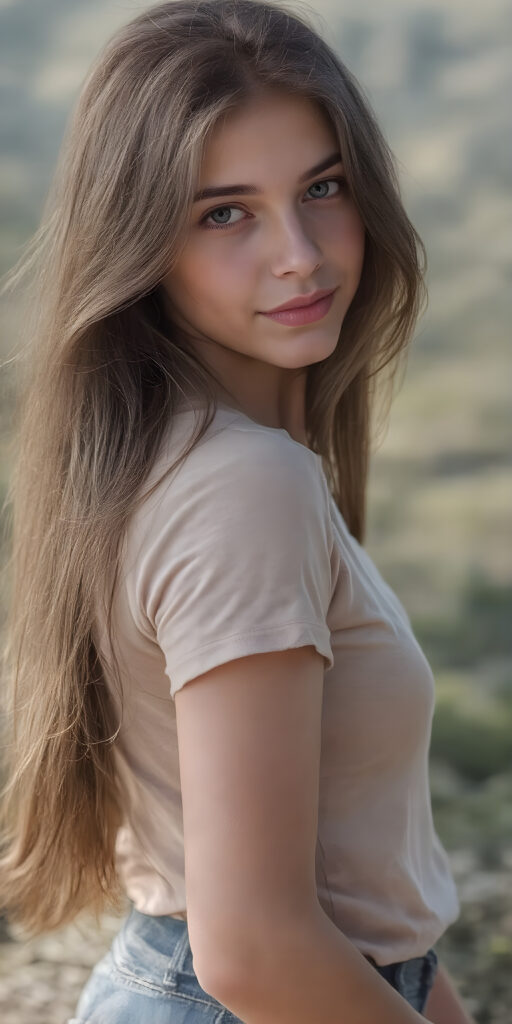 full body - a beautiful young girl, age 18, with an enigmatic smile, Brown jet long hair, with silky smooth skin texture, natural eyes that convey a sense of innocence and curiosity. She wears a slim-fitting, natural-toned cotton T-shirt with intricate embroidery detailing the fabric's texture. The shirt has a high neck and short sleeves. The T-shirt is tucked into her jeans, which have a perfect, tight-cut shape and convey a sense of natural beauty and comfort. The jeans are made of fine silk and show off her perfect legs, The image captures her from a side view, looking into the camera with a cool expression. Her hair is visible in the foreground, while her natural-toned body is captured in the midground. The background is a beautiful, fantastical landscape, with the light shining on her face and creating cool shadows that give a sense of mystery and comfort.