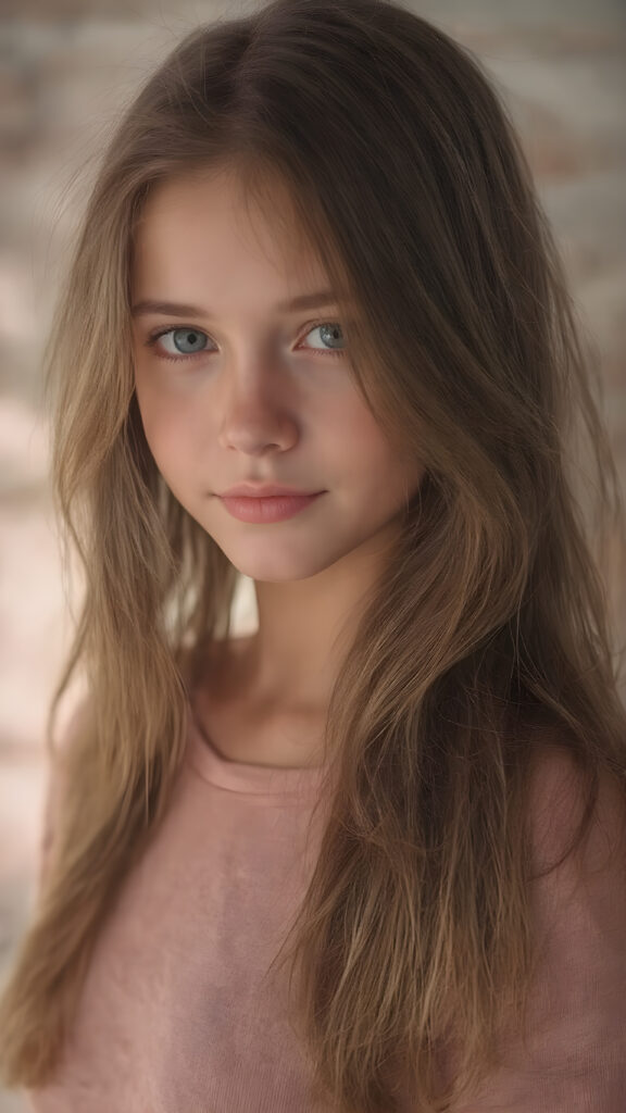 full body - a beautiful young cute girl, with an enigmatic smile, copper jet long hair, with silky smooth skin texture, natural eyes that convey a sense of innocence and curiosity. She wears a natural-toned cotton cropped short T-Shirt which have a perfect, tight-cut shape and convey a sense of natural beauty and comfort, the image captures her from a side view, looking into the camera with a cool expression. Her hair is visible in the foreground, while her natural-toned body is captured in the midground. The background is a beautiful, fantastical landscape, with the light shining on her face and creating cool shadows that give a sense of mystery and comfort.