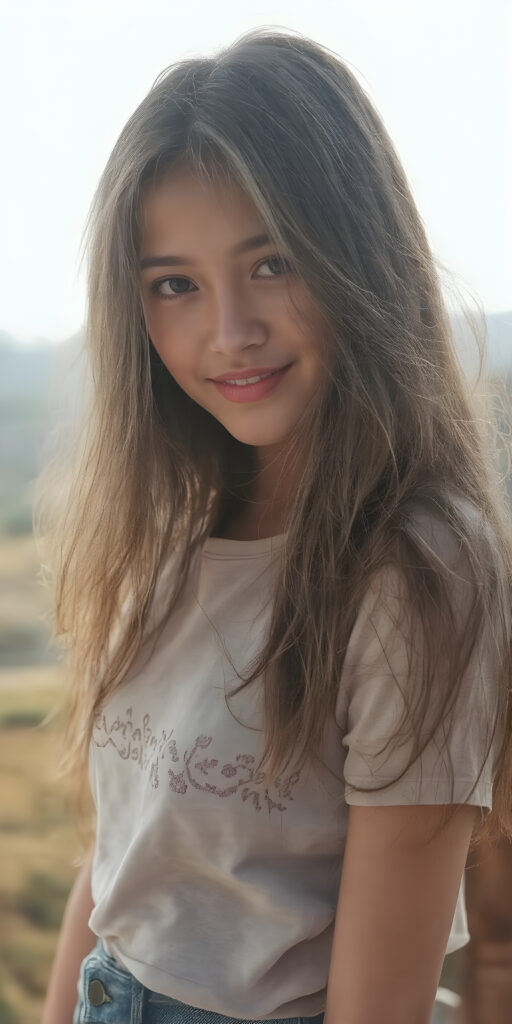 full body - a beautiful young girl, age 18, with an enigmatic smile, Brown jet long hair, with silky smooth skin texture, natural eyes that convey a sense of innocence and curiosity. She wears a slim-fitting, natural-toned cotton T-shirt with intricate embroidery detailing the fabric's texture. The shirt has a high neck and short sleeves. The T-shirt is tucked into her jeans, which have a perfect, tight-cut shape and convey a sense of natural beauty and comfort. The jeans are made of fine silk and show off her perfect legs, The image captures her from a side view, looking into the camera with a cool expression. Her hair is visible in the foreground, while her natural-toned body is captured in the midground. The background is a beautiful, fantastical landscape, with the light shining on her face and creating cool shadows that give a sense of mystery and comfort.