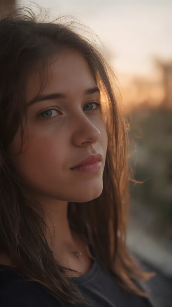 full body, a (((very cute well-busty teen girl), with a round, full kissable mouth, and a sleek, sexy, yet playful expression, poised in a (((cute, side-view position))), looking out at a (softly glowing dusk sunset) that casts an ethereal glow across her face; she's in a (highly detailed, ultra realistic, 8K, UHD image) that exudes the essence of a (cinematic romantic drama)