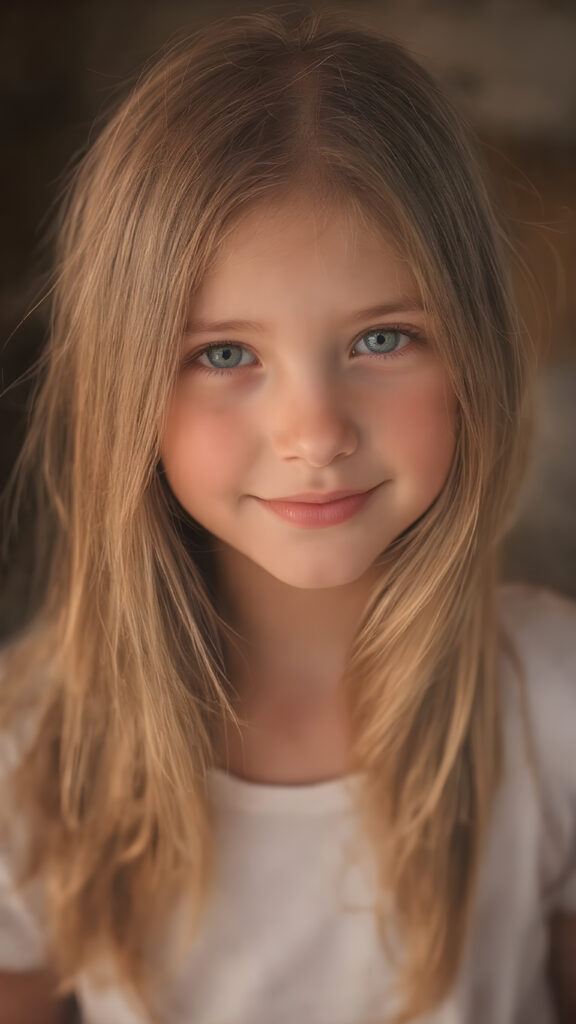 full body, a (((cinematic light scenario))), where a (((beautiful young girl))) with long, flowing (((straight golden soft hair))), flawless ((porcelain skin)), and (((plump lips))), is posed against a (((warmly lit backdrop))) She's dressed in a (((thin and translucent white t-shirt)), exuding a playful smile that perfectly complements her youthful features