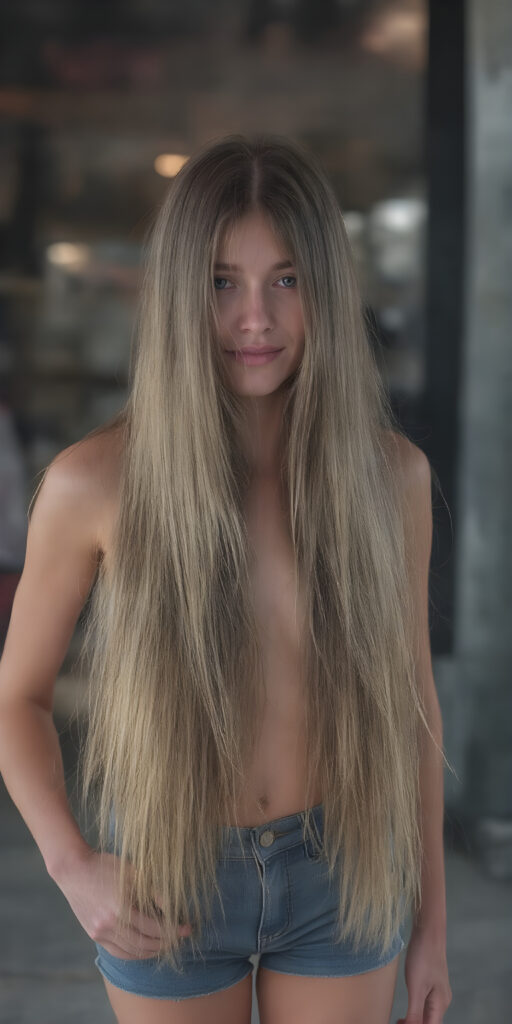 full body, a girl, soft straight very long hair, her hair falls over her upper body and covers her front, super short jeans pants, ((detailed and realistic)), stunning, gorgeous, she stands in front of the viewer, smile