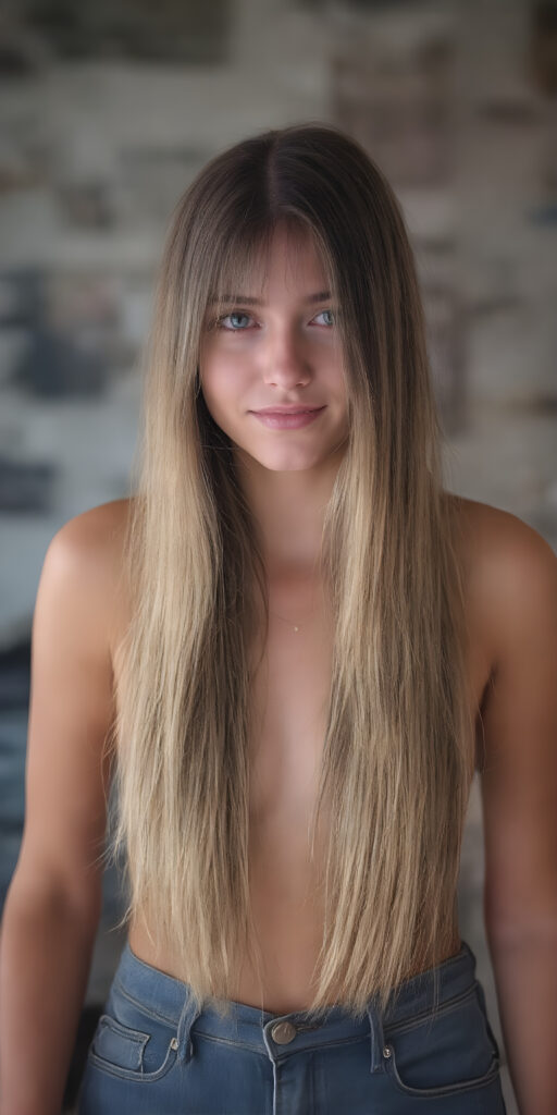full body, a girl, soft straight very long hair, her hair falls over her upper body and covers her front, super short jeans pants, ((detailed and realistic)), stunning, gorgeous, she stands in front of the viewer, smile