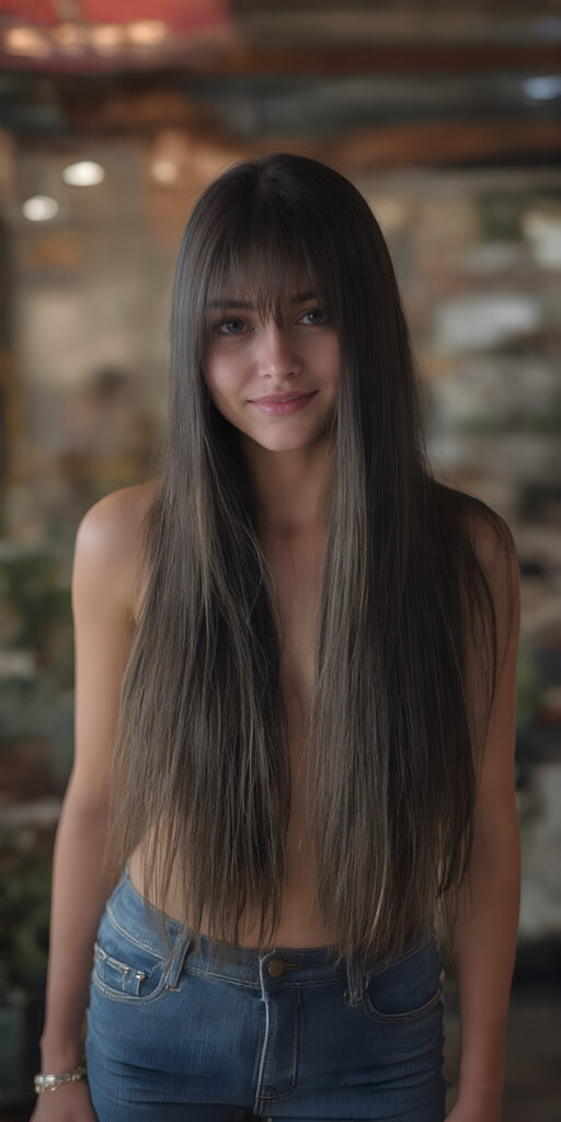 full body, a girl, soft straight very long hair, her hair falls over her upper body and covers her front, super short jeans pants, ((detailed and realistic)), stunning, gorgeous, she stands in front of the viewer, smile