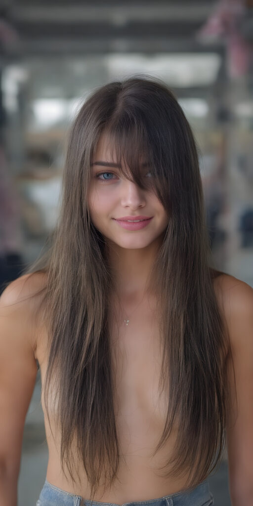 full body, a girl, soft straight very long hair, her hair falls over her upper body and covers her front, super short jeans pants, ((detailed and realistic)), stunning, gorgeous, she stands in front of the viewer, smile