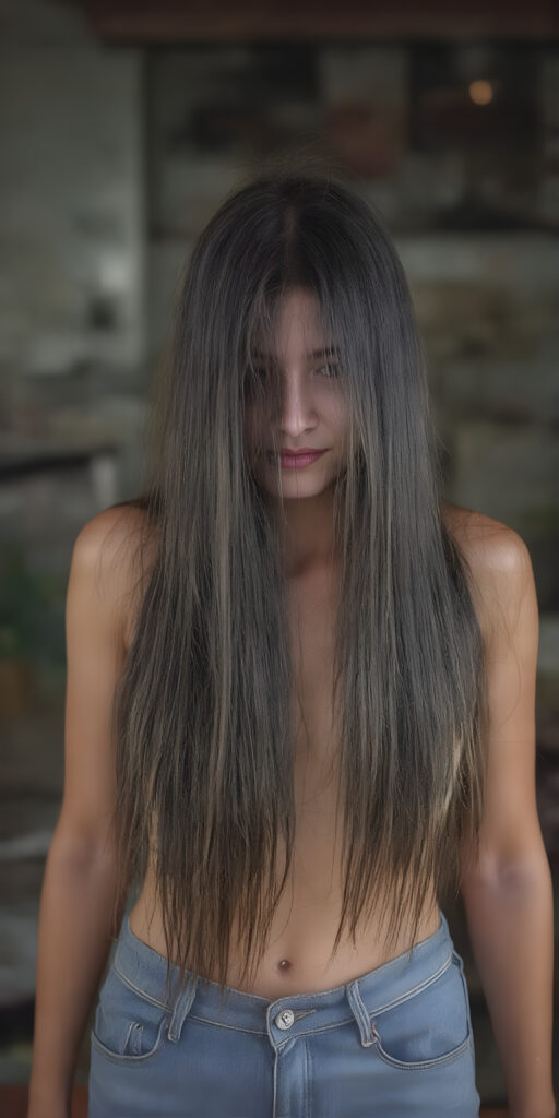 full body, a girl, soft straight very long hair, her hair falls over her upper body and covers her front, super short jeans pants, ((detailed and realistic)), stunning, gorgeous, she stands in front of the viewer, smile