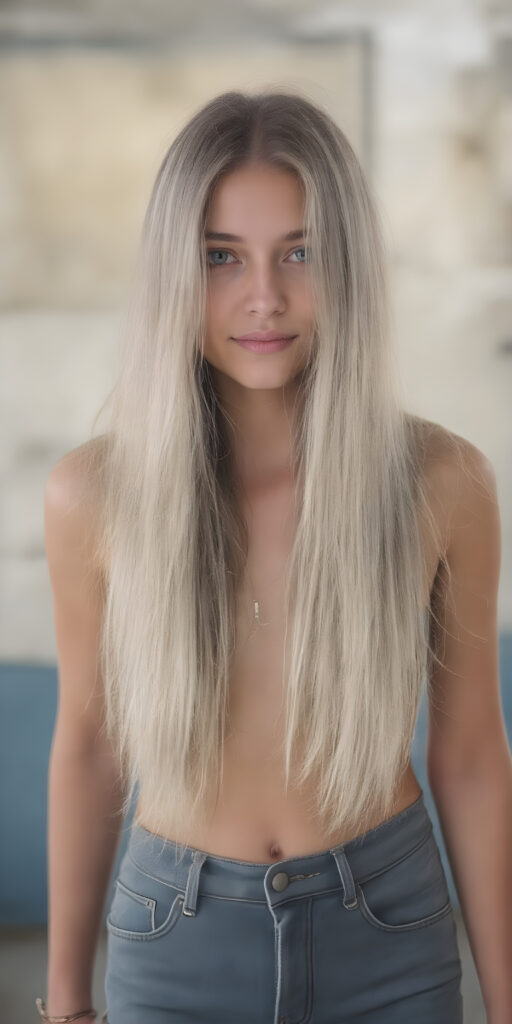 full body, a girl, soft straight very long hair, her hair falls over her upper body and covers her front, super short jeans pants, ((detailed and realistic)), stunning, gorgeous, she stands in front of the viewer, smile