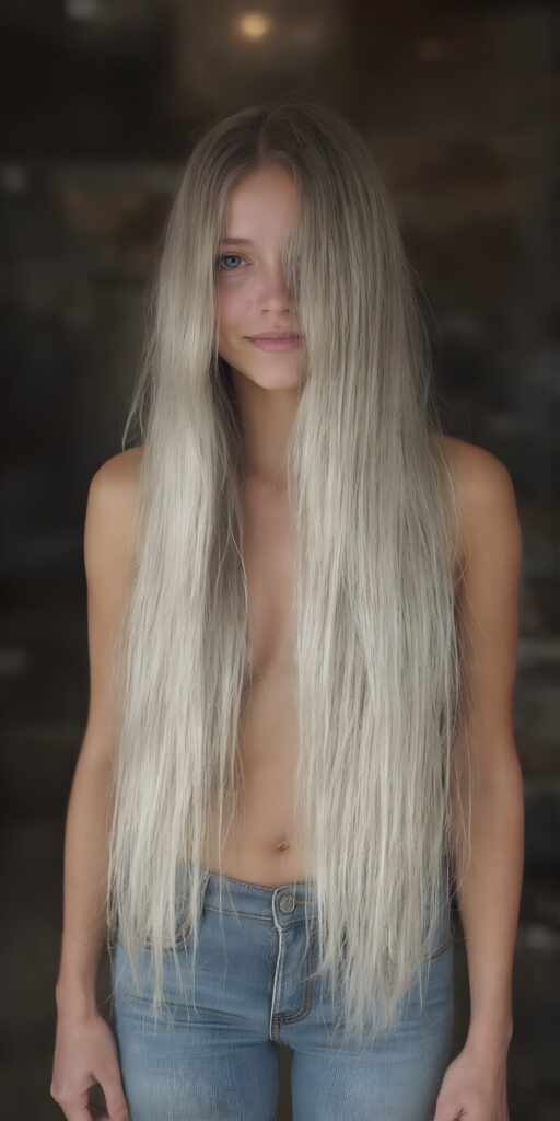 full body, a girl, soft straight very long hair, her hair falls over her upper body and covers her front, super short jeans pants, ((detailed and realistic)), stunning, gorgeous, she stands in front of the viewer, smile