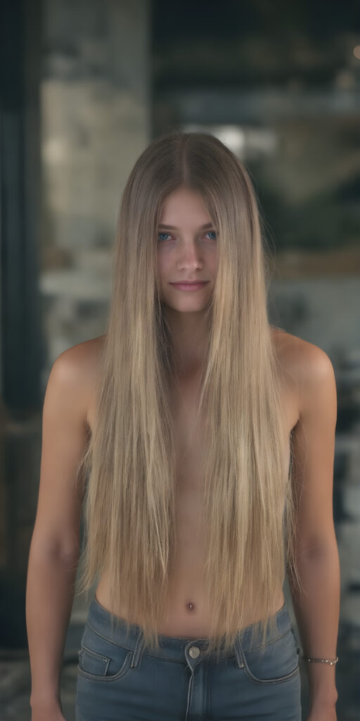 full body, a girl, soft straight very long hair, her hair falls over her upper body and covers her front, super short jeans pants, ((detailed and realistic)), stunning, gorgeous, she stands in front of the viewer, smile