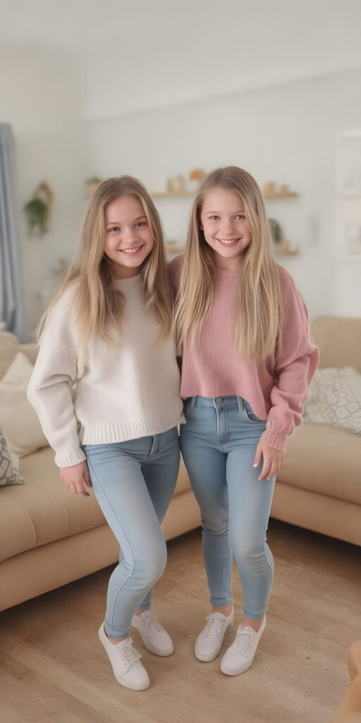 ((full body)) (((very cute))) (((gorgeous twins))) with flowing, very long, blond straight hair and ((smiling)) into the camera, wearing casual, comfy clothes, ((perfect anatomy)), in a cozy, warm living room. The room is (extremely clean and well-kept) with a modern color palette of (blue, white, and beige) that complements the soft lighting. The girls are ((lively and joyful)) in a playful yet sophisticated (young teen) portrait setting. Their outfits have ((pretty details)), like the classic sweater and jeans combo that exudes sophistication at a casual dining spot. They're (posing for photos) amidst a cozy living room, with their perfect bodies and faces getting full exposure. The scene feels straight out of a high-resolution, UHD image, capturing (two beautiful girls) who are (fashionably dressed) against a backdrop of a (super comfy living room).