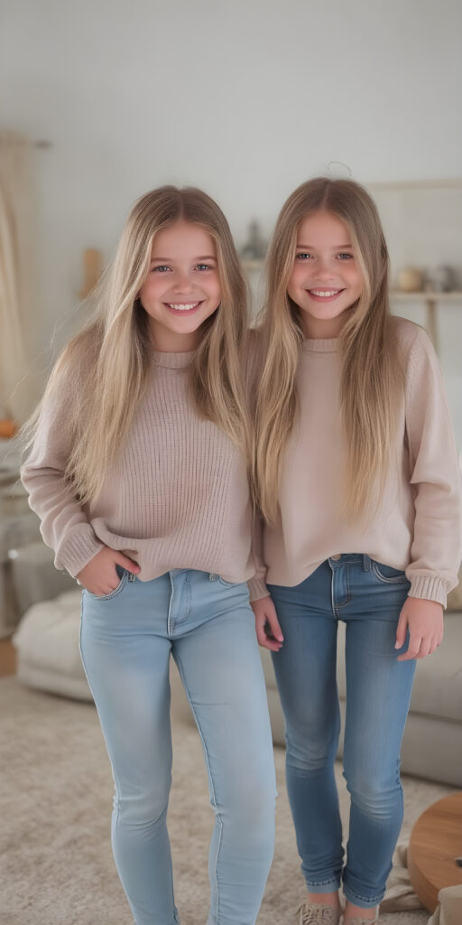((full body)) (((very cute))) (((gorgeous twins))) with flowing, very long, blond straight hair and ((smiling)) into the camera, wearing casual, comfy clothes, ((perfect anatomy)), in a cozy, warm living room. The room is (extremely clean and well-kept) with a modern color palette of (blue, white, and beige) that complements the soft lighting. The girls are ((lively and joyful)) in a playful yet sophisticated (young teen) portrait setting. Their outfits have ((pretty details)), like the classic sweater and jeans combo that exudes sophistication at a casual dining spot. They're (posing for photos) amidst a cozy living room, with their perfect bodies and faces getting full exposure. The scene feels straight out of a high-resolution, UHD image, capturing (two beautiful girls) who are (fashionably dressed) against a backdrop of a (super comfy living room).