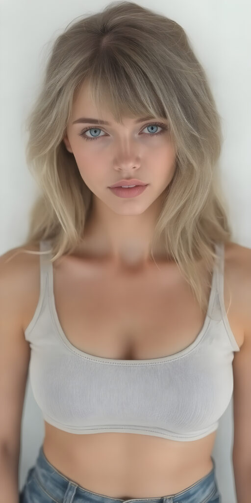 full body, generate me a beautiful, detailed and realistic girl with soft hair, round, beautiful face, light blue eyes, plump lips, full mouth, perfect body, she wears a short, tight cropped tank top with deep neck, shows off her belly button, has a feminine shaped body, she wears short, tight jeans pants, her smooth legs are flawless