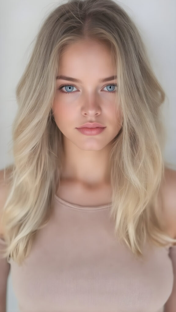 full body, generate me a beautiful, detailed and realistic girl with soft hair, round, beautiful face, light blue eyes, plump lips, full mouth, perfect upper body, she wears a short, tight top, shows off her belly button, has a feminine shaped body, she wears short, tight jeans pants, her smooth legs are flawless