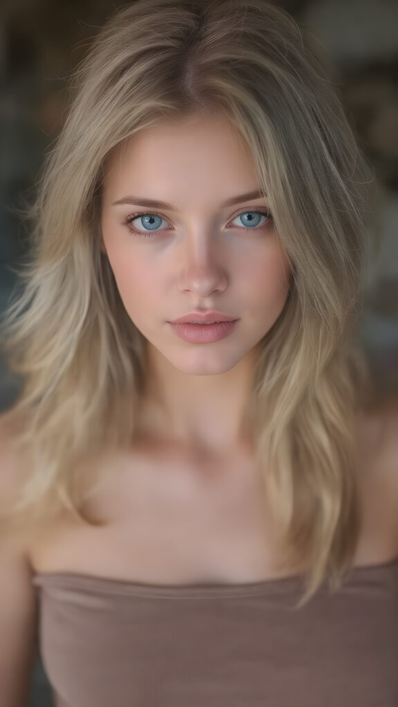 full body, generate me a beautiful, detailed and realistic girl with soft hair, round, beautiful face, light blue eyes, plump lips, full mouth, perfect upper body, she wears a short, tight top, shows off her belly button, has a feminine shaped body, she wears short, tight jeans pants, her smooth legs are flawless