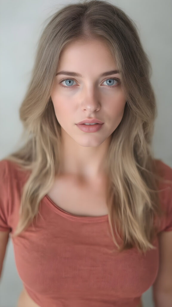 full body, generate me a beautiful, detailed and realistic girl with soft hair, round, beautiful face, light blue eyes, plump lips, full mouth, perfect upper body, she wears a short, tight top, shows off her belly button, has a feminine shaped body, she wears short, tight jeans pants, her smooth legs are flawless