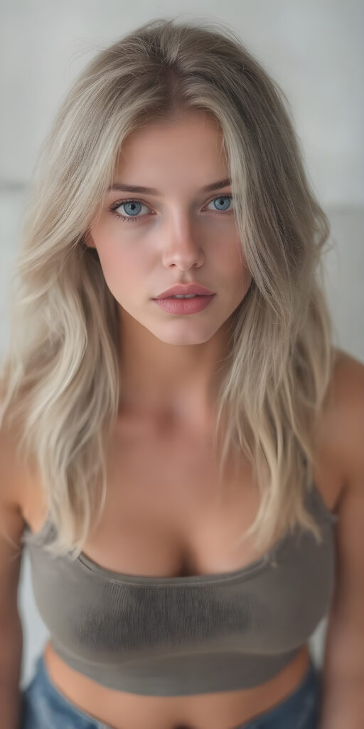 full body, generate me a beautiful, detailed and realistic girl with soft hair, round, beautiful face, light blue eyes, plump lips, full mouth, perfect body, she wears a short, tight cropped tank top with deep neck, shows off her belly button, has a feminine shaped body, she wears short, tight jeans pants, her smooth legs are flawless