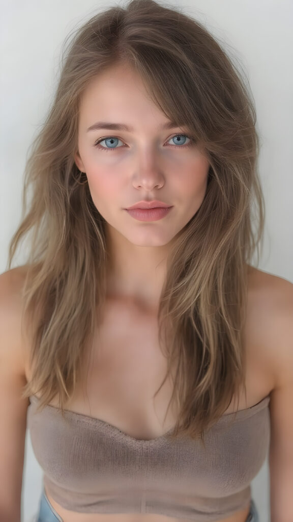 full body, generate me a beautiful, detailed and realistic girl with soft hair, round, beautiful face, light blue eyes, plump lips, full mouth, perfect upper body, she wears a short, tight top, shows off her belly button, has a feminine shaped body, she wears short, tight jeans pants, her smooth legs are flawless