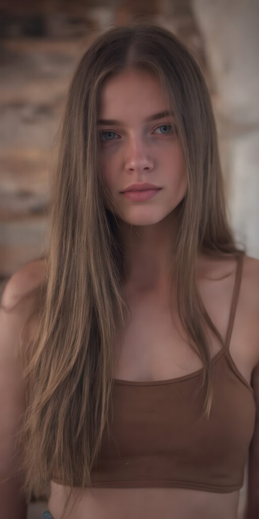 ((full body image)) of a beautiful young adult ((girl)) (very long straight jet and soft brown hair) (cropped tank top) (stunning) (gorgeous)