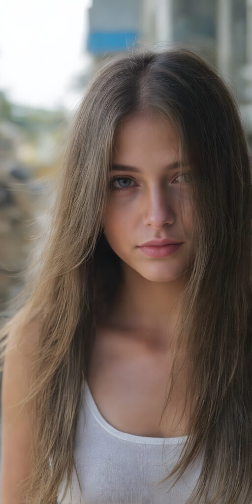 ((full body image)) of a beautiful young adult ((girl)) (very long straight jet and soft brown hair) (cropped tank top) (stunning) (gorgeous)